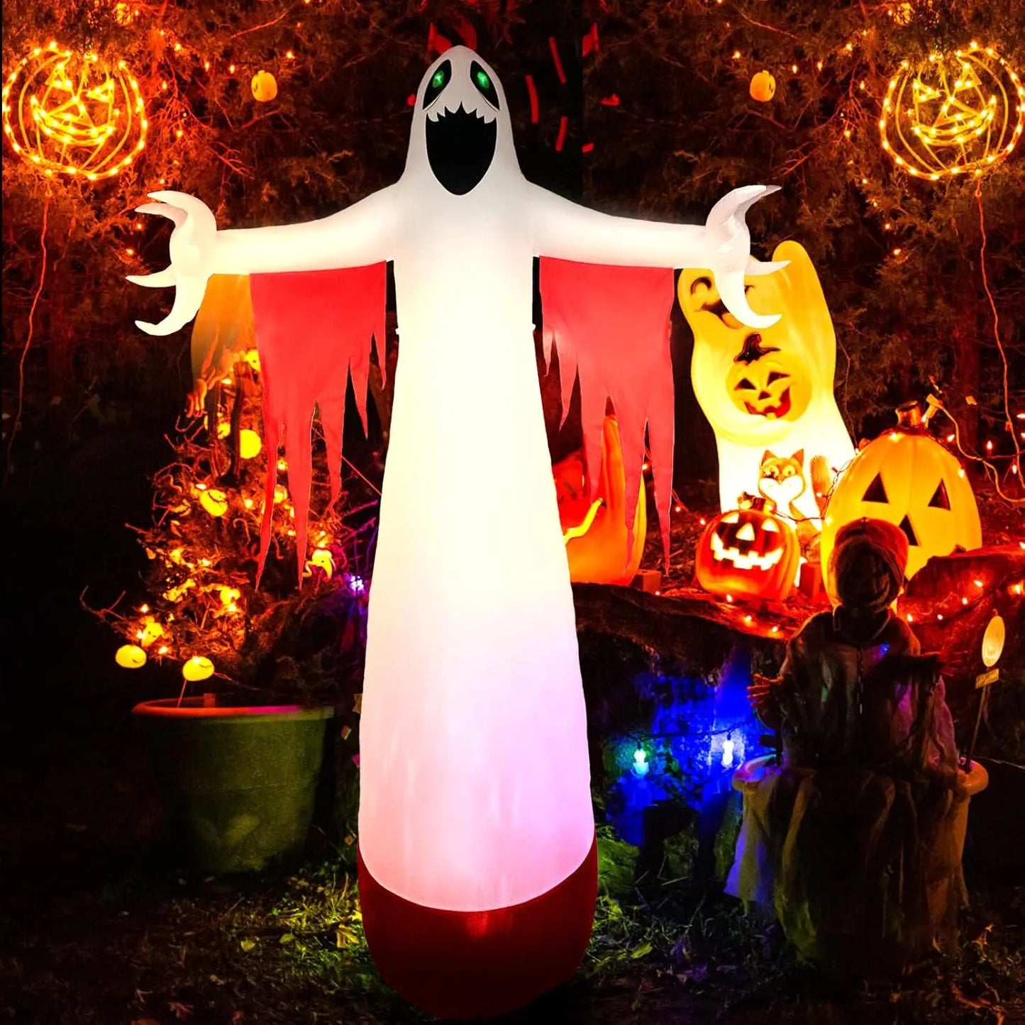 Giant Halloween Inflatable Ghost with LED Green Eyes – Scary Yard Decoration for Halloween Parties