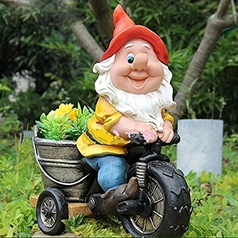 Statua gnomo da giardino in bicicletta resina resistente decorazione esterna carretto di fiori ornamento nano autunno 2026
