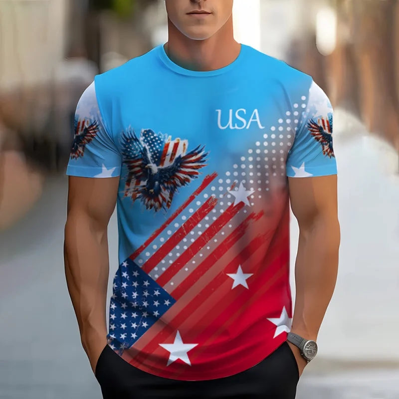 Soft men's tee - relaxed fit, 3D print patriotic eagle and flag graphic, casual wear