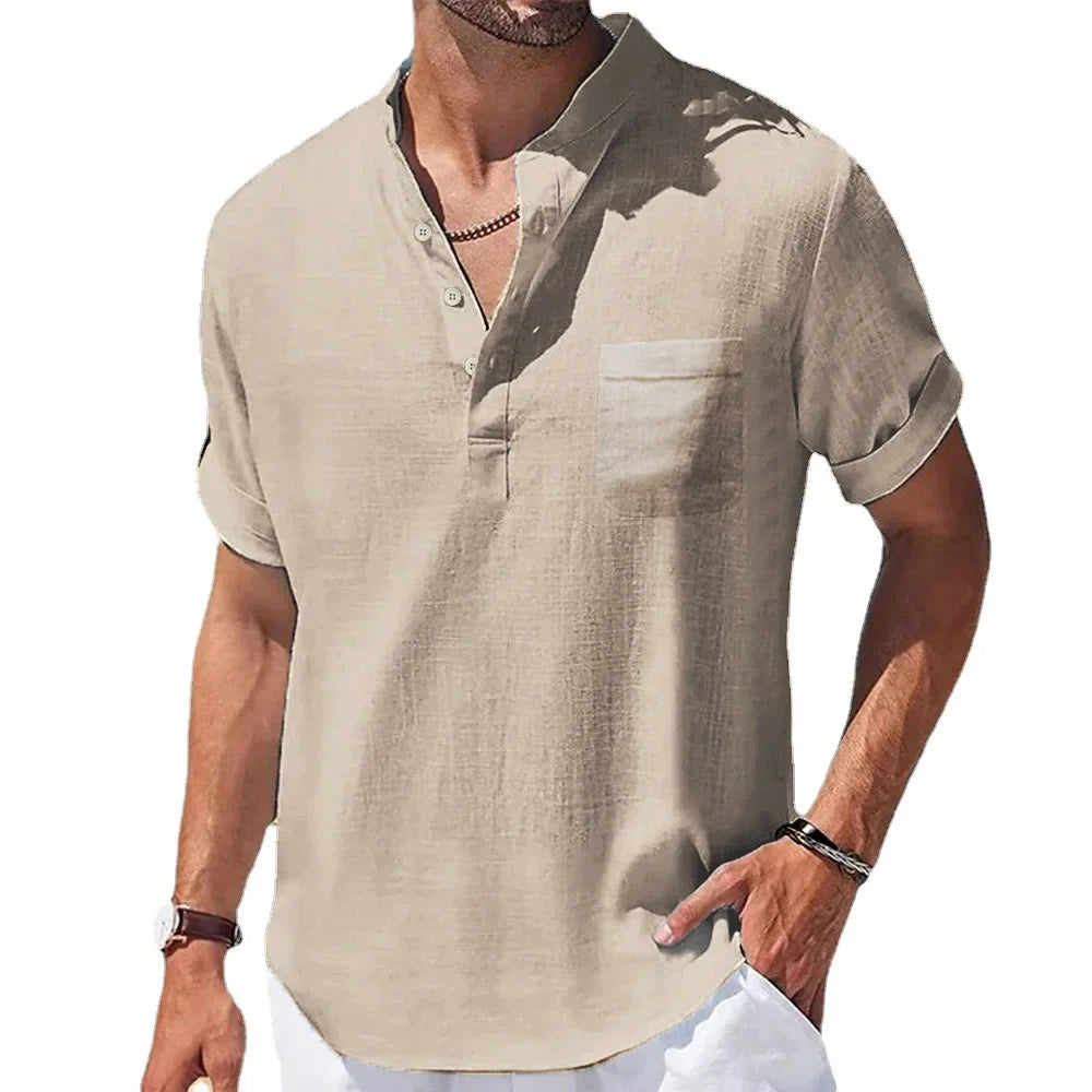 Men's Summer Shirt, Breathable Cotton and Linen Blend with Henry Collar, Lightweight and Casual Fit-6