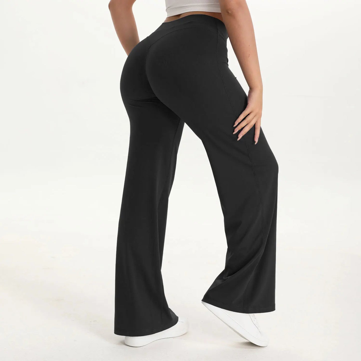 Zachte en flatterende dames yogabroek - midtaille rechte pijp, nylon/elastaan mix, voor sportschool en pilates
