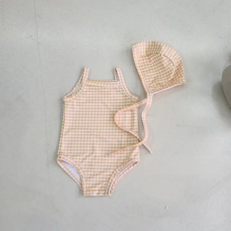 Leichter Baby-Mädchen-Einteiler-Badeanzug - gepunkteter Hosenträgerstil mit Hut, Nylon, gemütlich für den Sommerstrand