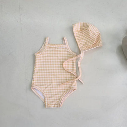 Leichter Baby-Mädchen-Einteiler-Badeanzug - gepunkteter Hosenträgerstil mit Hut, Nylon, gemütlich für den Sommerstrand
