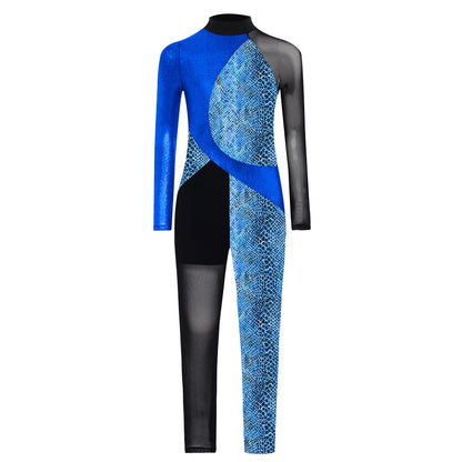 Stretchy Girls Unitard – Long Sleeve, Snakeskin, Polyester, Nylon, Elastane, For Ballet, Rhythmic Gymnastics