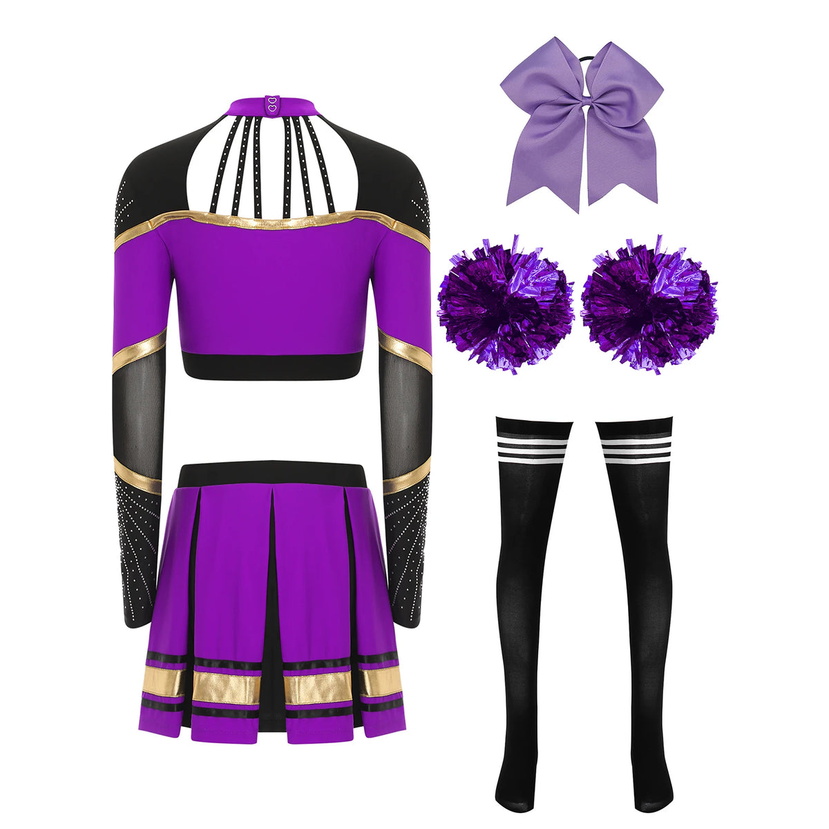 Cosplaykostuum voor cheerleaderoptredens voor vrouwen, crop-top met lange mouwen en geplooide rok met pompons 2026