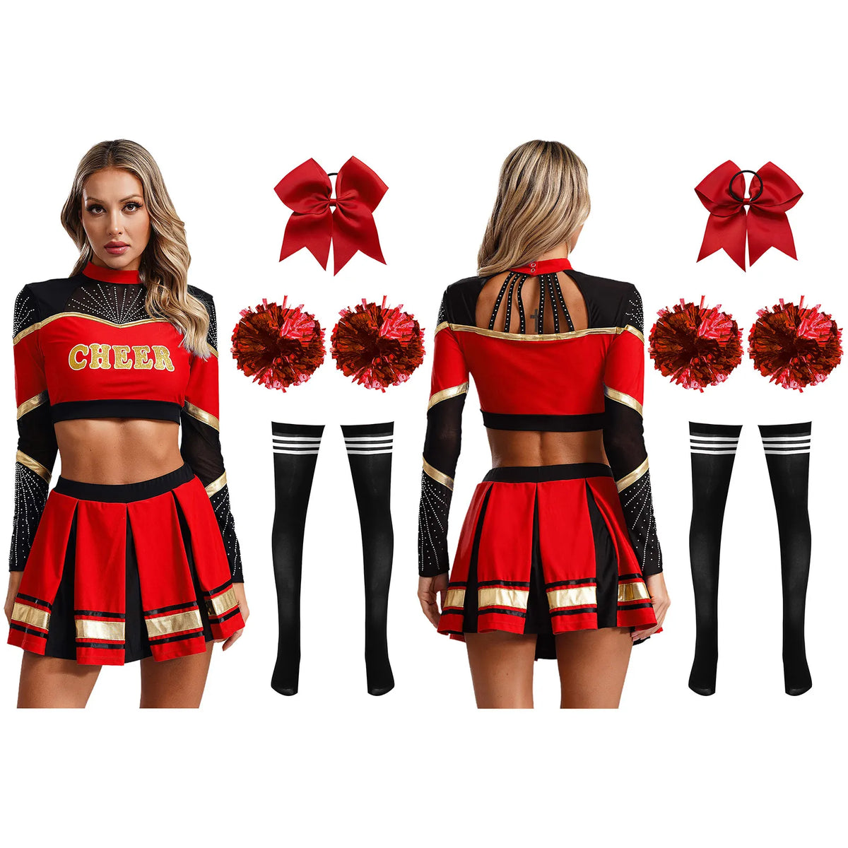 Cosplaykostuum voor cheerleaderoptredens voor vrouwen, crop-top met lange mouwen en geplooide rok met pompons 2026