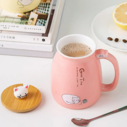 Ceramic Mug With Wooden Lid And Spoon Cute Cartoon Cat Design Gift Ready Spring 2026 Kitchen Essential