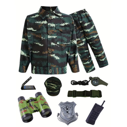 Kostumesæt til børnesoldat med camouflage, pistol, kompas og fløjte til Halloween 2026