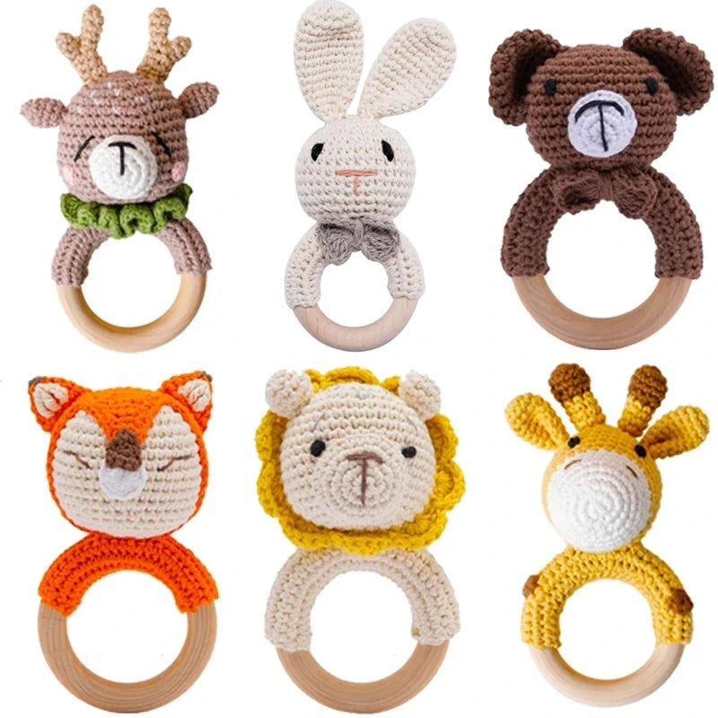 Wooden Crochet Animal Teether Rattle Newborn Sensory Toys