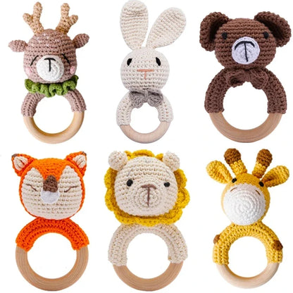 Wooden Crochet Animal Teether Rattle Newborn Sensory Toys