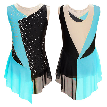 Stretchy girls' leotard - rhinestone mesh yoke, sleeveless, polyester, nylon, elastane, for lyrical dance performance