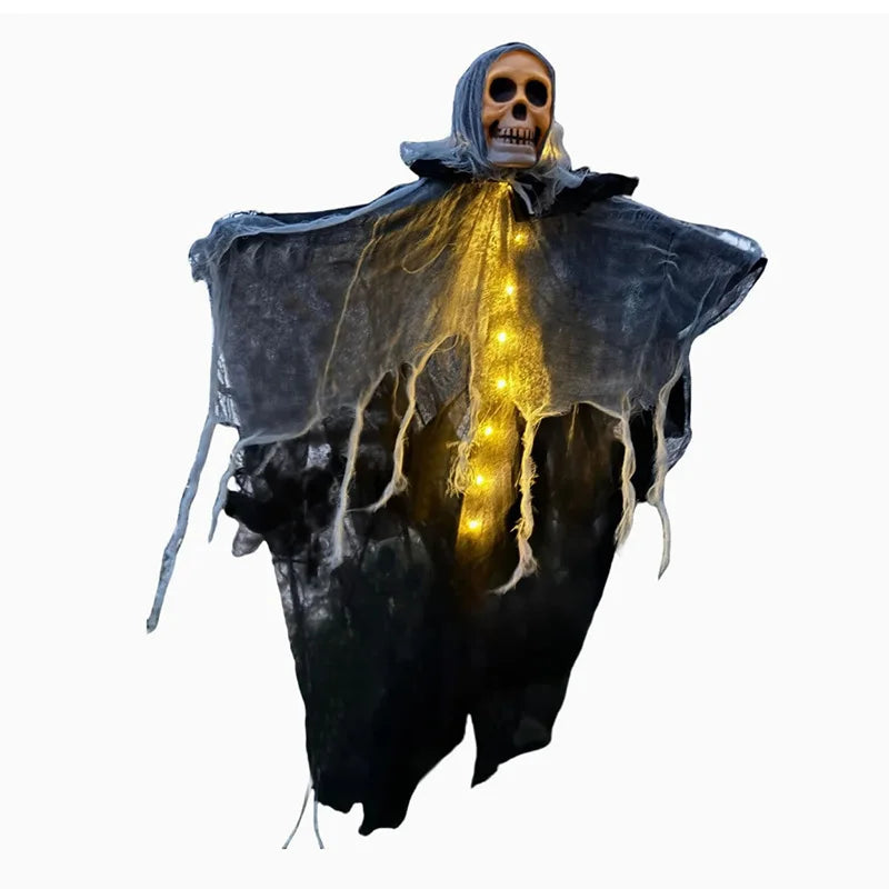Oplichtende schedel, skelet en gaas met hangende geest voor Halloween, griezelige decoratie voor huis, tuin en buiten 2026