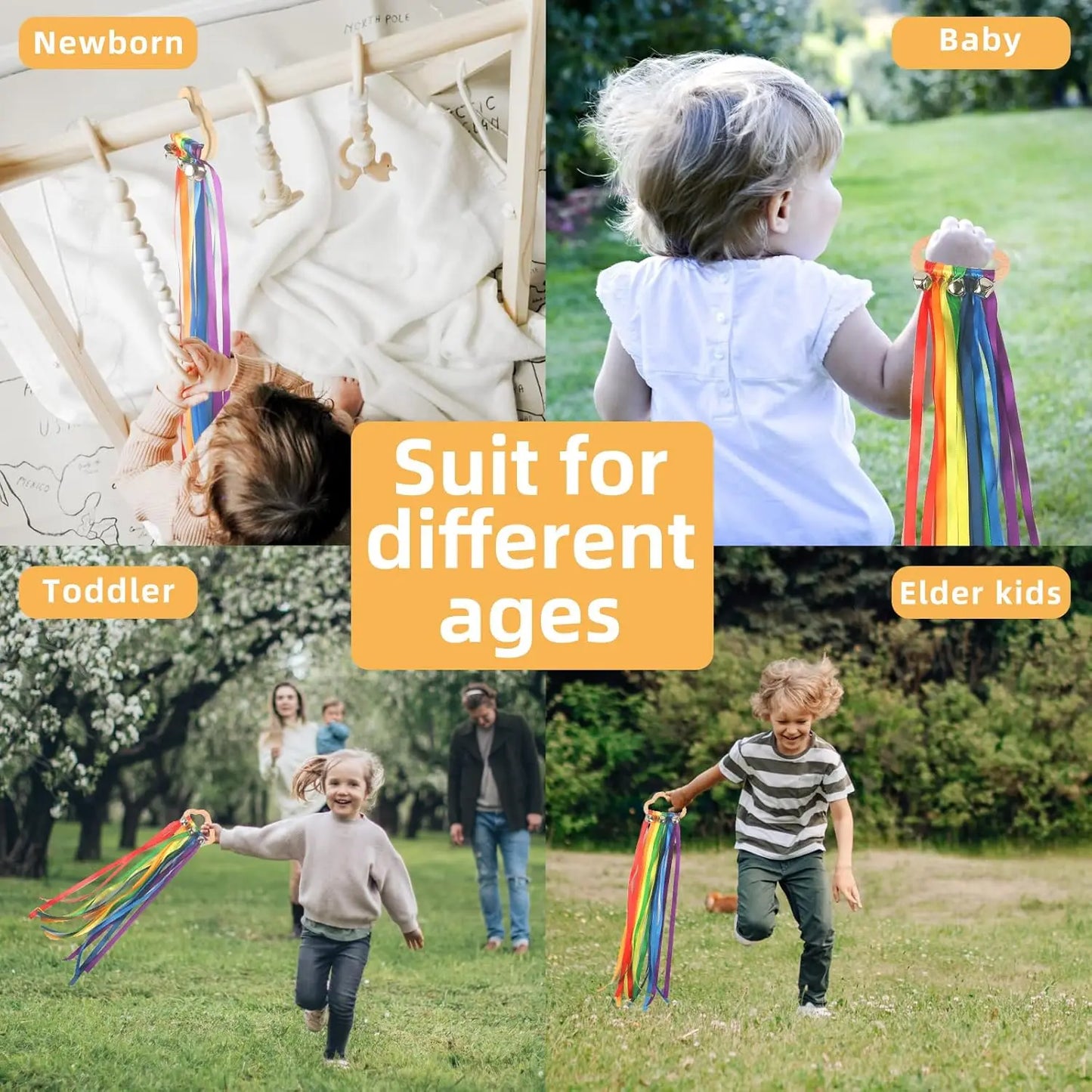 Montessori Rainbow Sensory Toy for Newborns and Toddlers - Colorful Ribbons on Hardwood Grasp Toy, Safe and Engaging