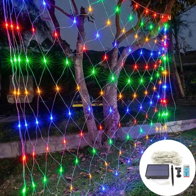 Solar-Powered LED Net Curtain Lights - 8 Modes Waterproof String Fairy Lights for Holiday Decorations, Christmas, Weddings & Outdoor Events