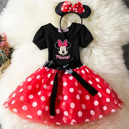 Leichtes Mädchenkleid mit Minnie-Maus-Motiv – knielanger Tupfen-Tutu, Baumwoll-Polyester-Voile, Geburtstagsfeier