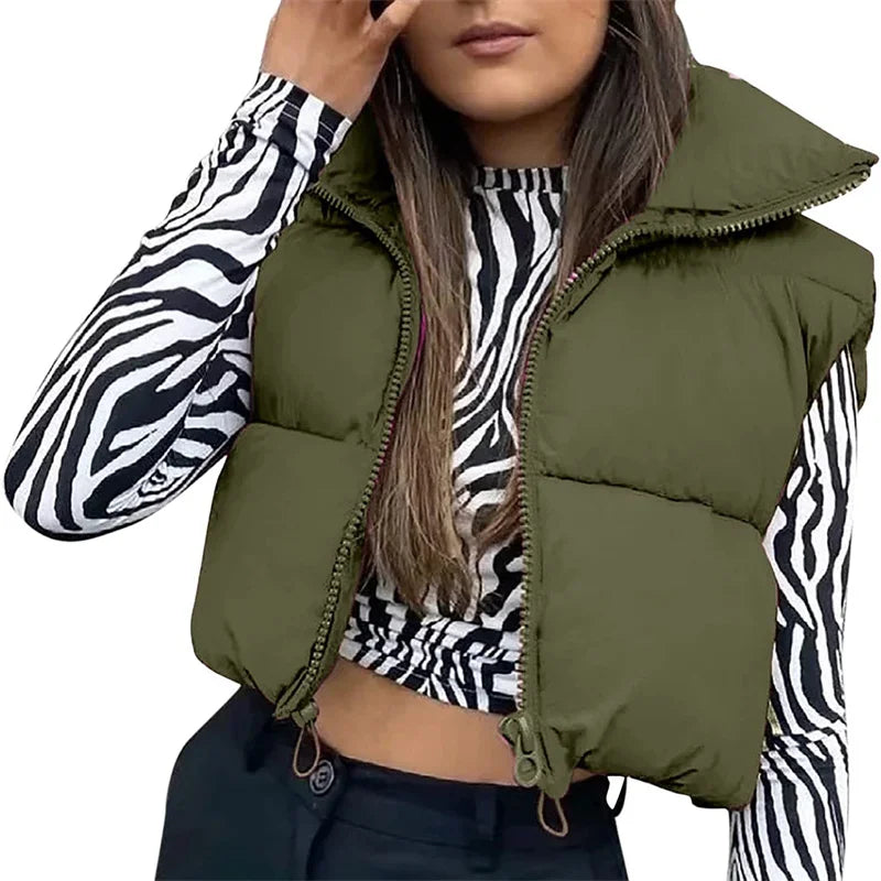 Warm Women’s Puffer Vest - Cropped Boxy, Polyester, Winter