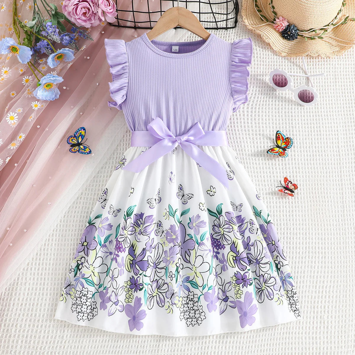 Breathable girls' dress - lace-up sling, sleeveless, flowy, polyester, for summer