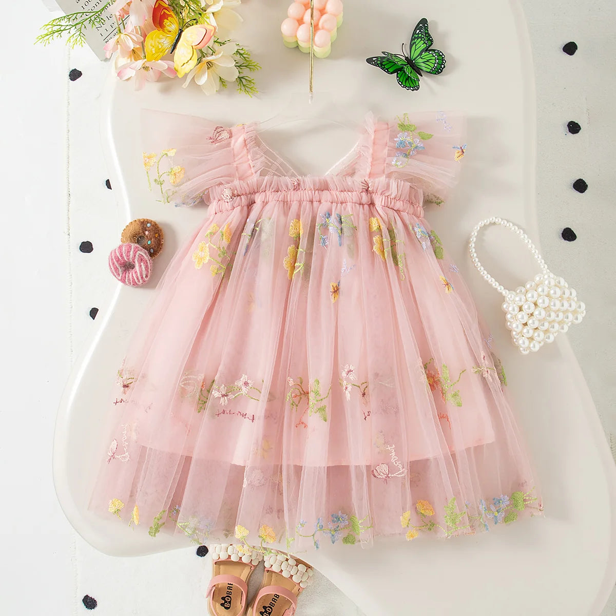 Lightweight flowy girls' dress - knee-length tulle, floral print, polyester, for weddings