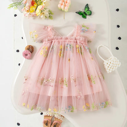 Lightweight flowy girls' dress - knee-length tulle, floral print, polyester, for weddings