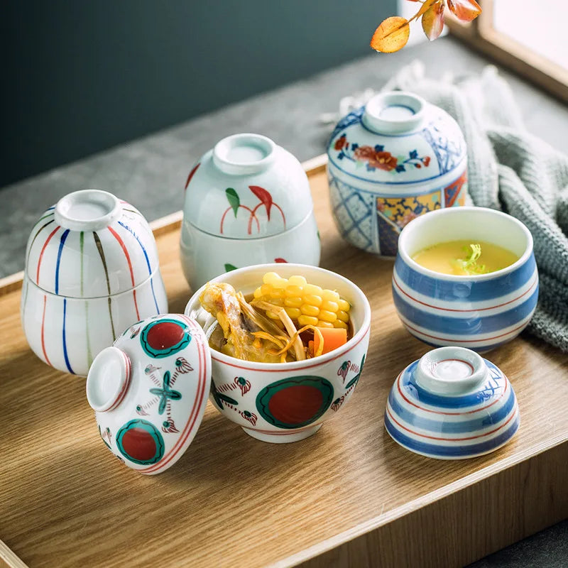 Handmålade japanska keramiska dessertskålar med lock, set