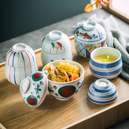 Handmålade japanska keramiska dessertskålar med lock, set