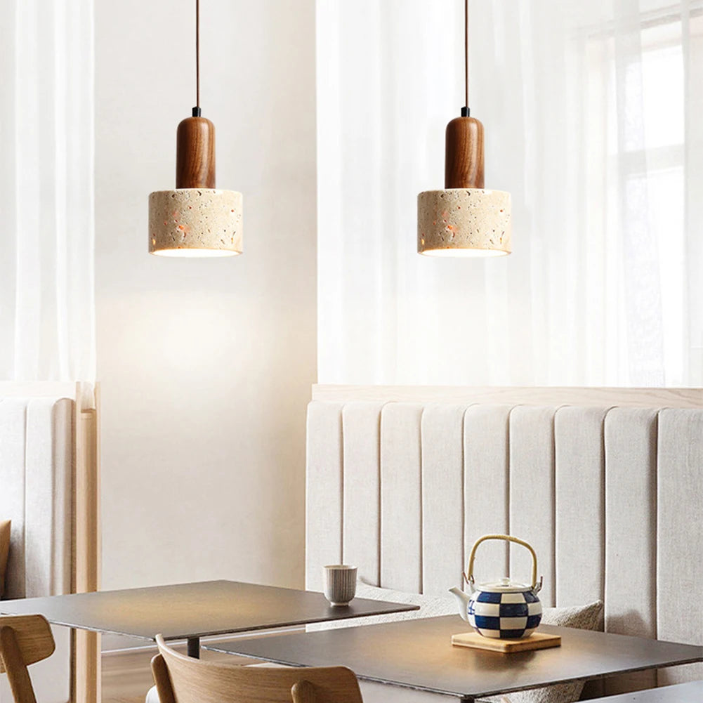 Lámpara colgante japonesa Japandi de madera y lámpara de noche de travertino
