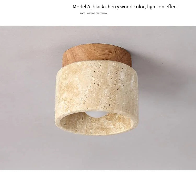 Japandi Travertine Ceiling Light Wood Cap Round Mid Century Lamp