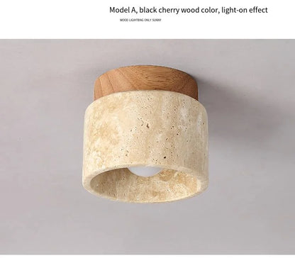 Japandi Travertine Ceiling Light Wood Cap Round Mid Century Lamp