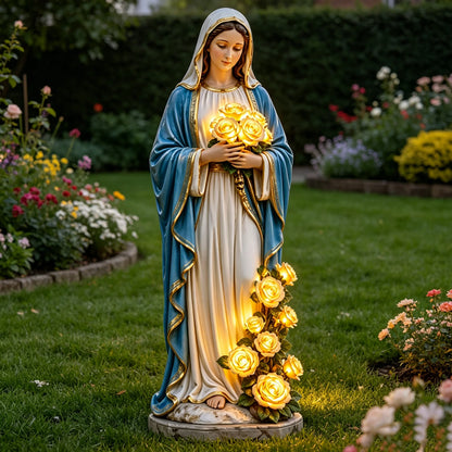 Virgin Mary Statue 7.87 Inch Outdoor Resin Garden Decor With Lighting Roses Religious Figurine Mother's Day Gift