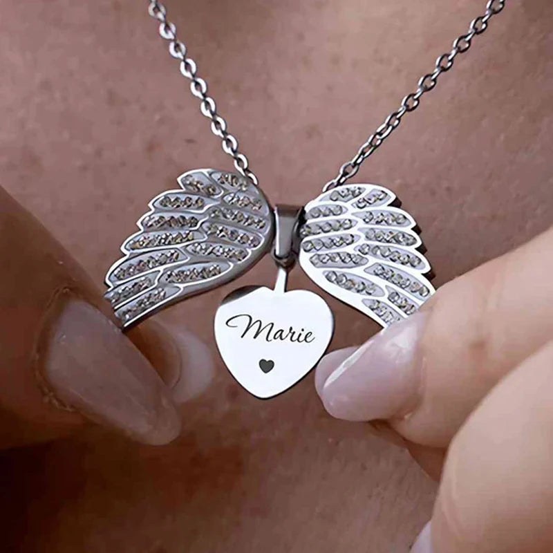 Classic couples' heart pendant necklace – angel wings, zircon stone, metal chain, gift idea
