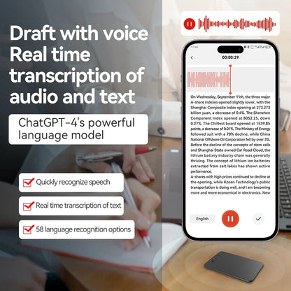 Enregistreur vocal IA avec transcription en temps réel 58 langues