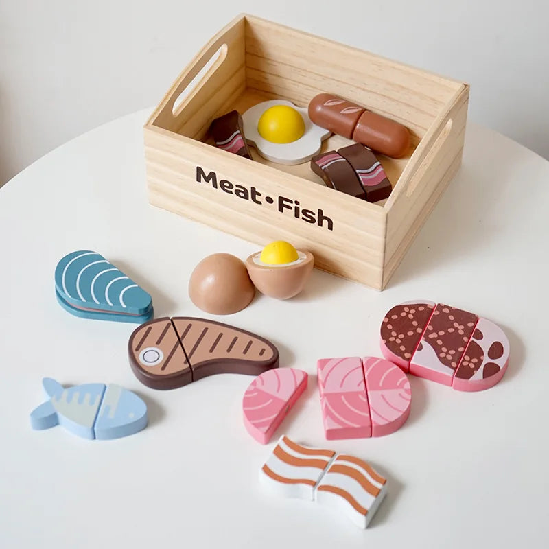 Set da gioco da cucina per bambini in legno con accessori per tagliare alimenti - Frutta, verdura e giocattoli da forno