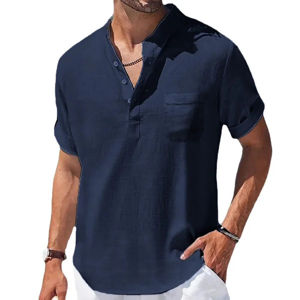 Variant image for Men's Summer Shirt, Breathable Cotton and Linen Blend with Henry Collar, Lightweight and Casual Fit-25