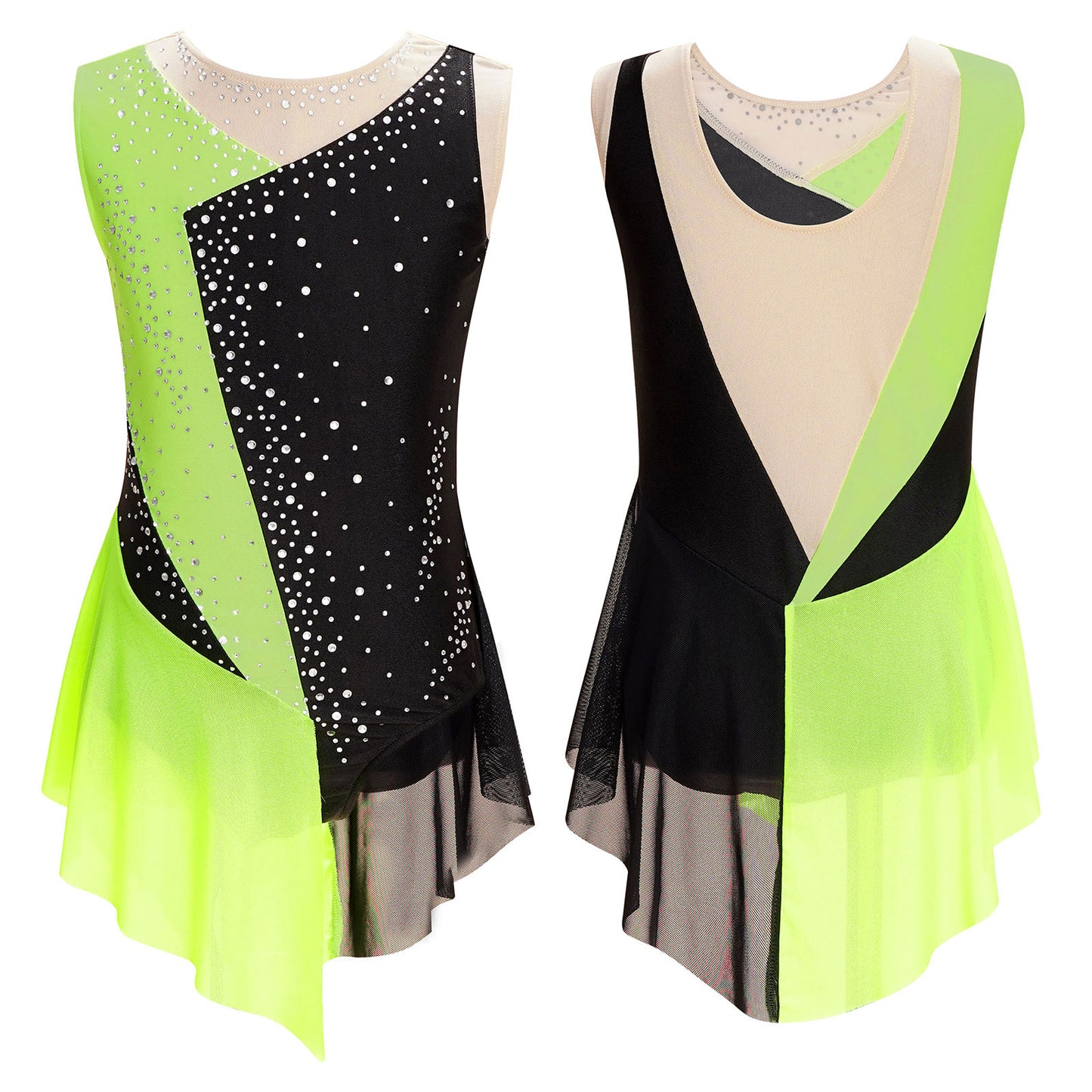 Stretchy girls' leotard - rhinestone mesh yoke, sleeveless, polyester, nylon, elastane, for lyrical dance performance