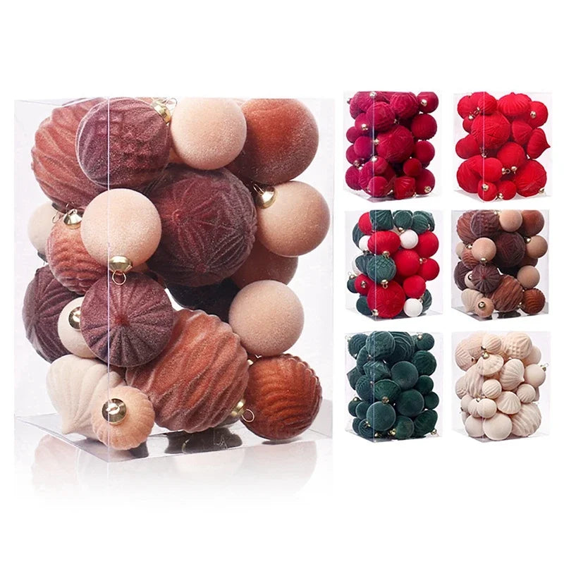 Ornements d'arbre de noël en velours floqué, boules suspendues en peluche pour décoration de maison Festive, décoration de fête de vacances 35 pièces