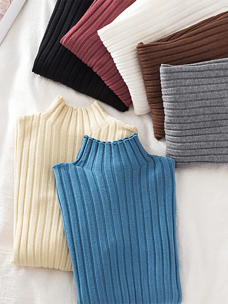 Stretchy Flattering Women Ribbed Sweater - Mock Neck, Knit