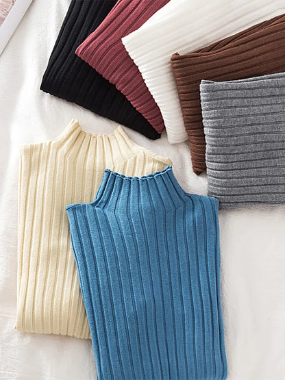 Stretchy Flattering Women Ribbed Sweater - Mock Neck, Knit