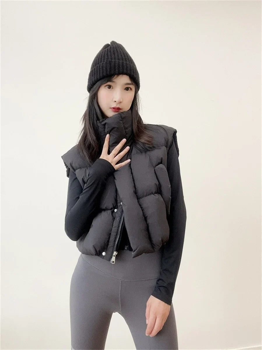Warm Women Short Down Vest - Stand-Up Collar, Winter