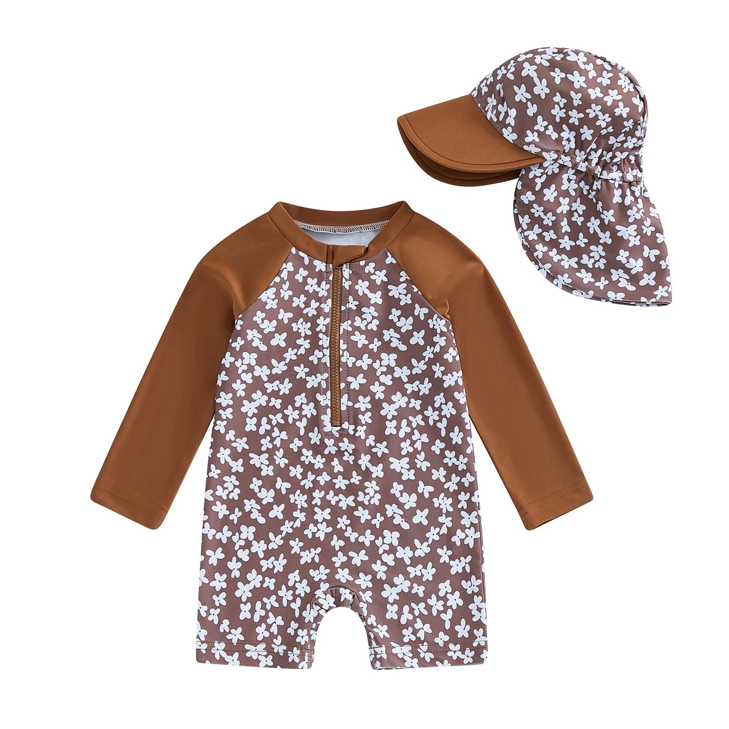 Let holdbar toddler pigebadedragt med rashguard - langærmet blomster flamingo print, polyester elastan, strandtøj