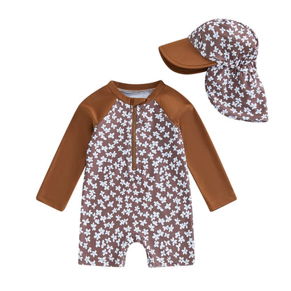 Let holdbar toddler pigebadedragt med rashguard - langærmet blomster flamingo print, polyester elastan, strandtøj