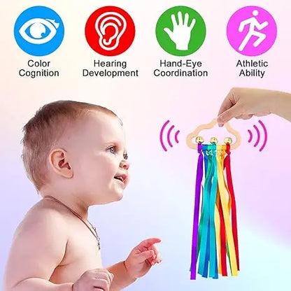 Montessori Rainbow Sensory Toy for Newborns and Toddlers - Colorful Ribbons on Hardwood Grasp Toy, Safe and Engaging