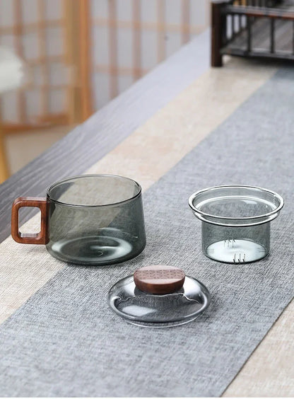 200ml Tea Infuser Cup Heat Resistant Glass Mug Wood Handle