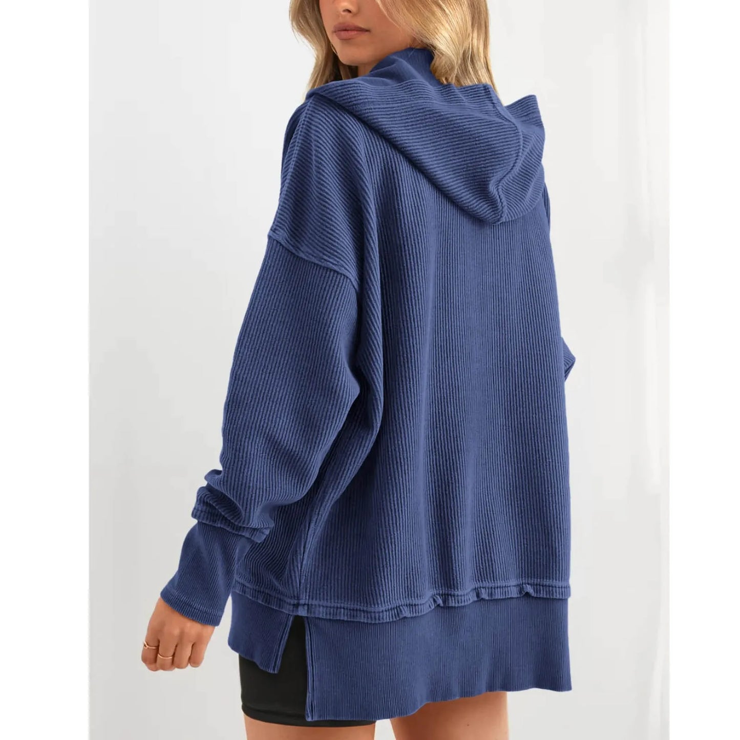 Oversized Women Pullover Hoodie - Snap V-Neck, Ribbed