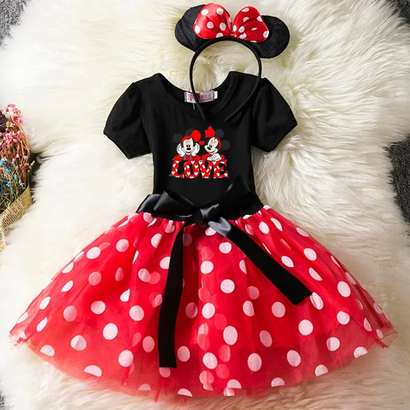 Leichtes Mädchenkleid mit Minnie-Maus-Motiv – knielanger Tupfen-Tutu, Baumwoll-Polyester-Voile, Geburtstagsfeier