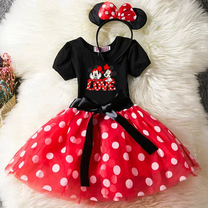 Leichtes Mädchenkleid mit Minnie-Maus-Motiv – knielanger Tupfen-Tutu, Baumwoll-Polyester-Voile, Geburtstagsfeier