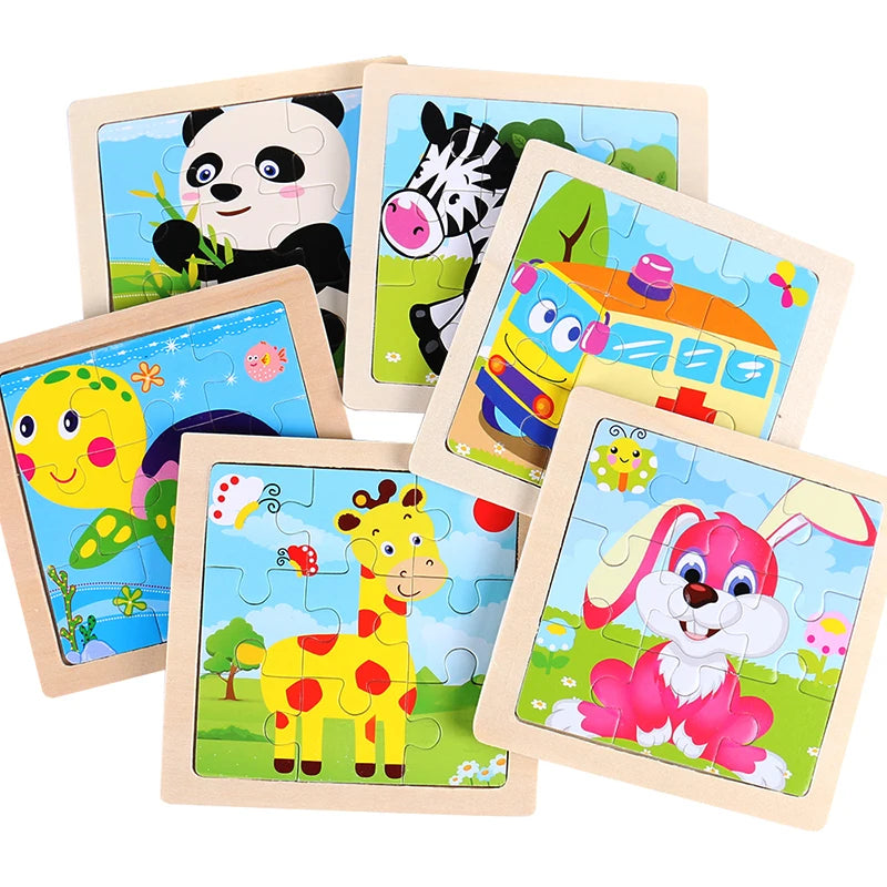 Kids Wooden Jigsaw Puzzle - Montessori Cartoon Animal Vehicle Educational Toy for Children