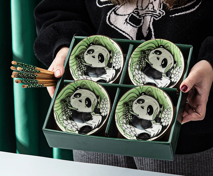 Japansk handmålad keramisk skålsats med ätpinnar