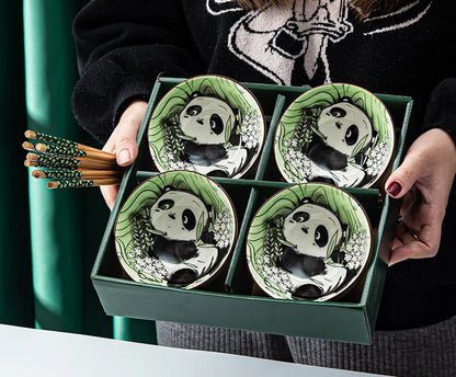 Japansk handmålad keramisk skålsats med ätpinnar