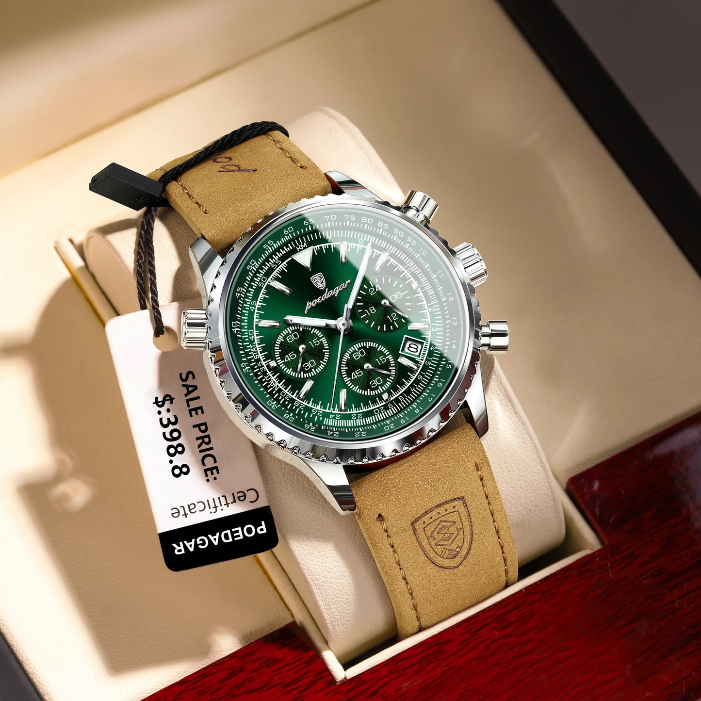 Quartz Chronograph Watch Waterproof Luminous Date Leather