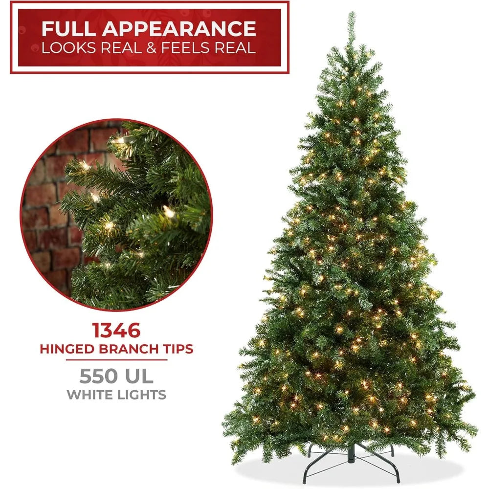 Realistic Pre-Lit Green Spruce Christmas Tree - Artificial Holiday Decor with Sturdy Metal Stand and 550 UL White Lights